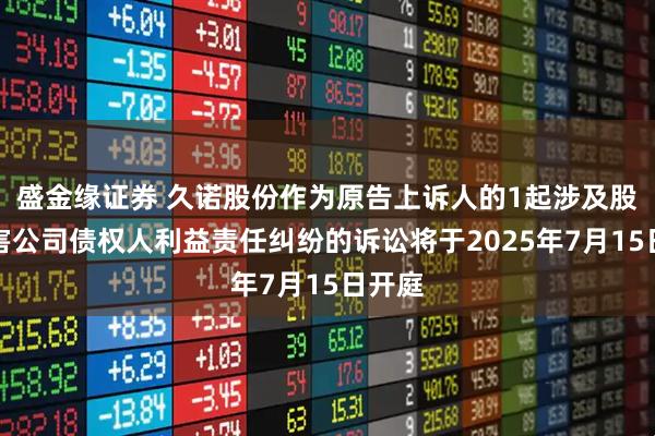 盛金缘证券 久诺股份作为原告上诉人的1起涉及股东损害公司债权人利益责任纠纷的诉讼将于2025年7月15日开庭